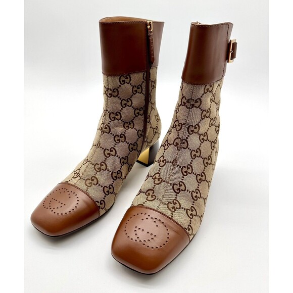 Gucci Ellis GG Logo Leather Trimmed Ankle Boots Camel Ebony Canvas EU 39.5 US9.5 - Picture 12 of 14